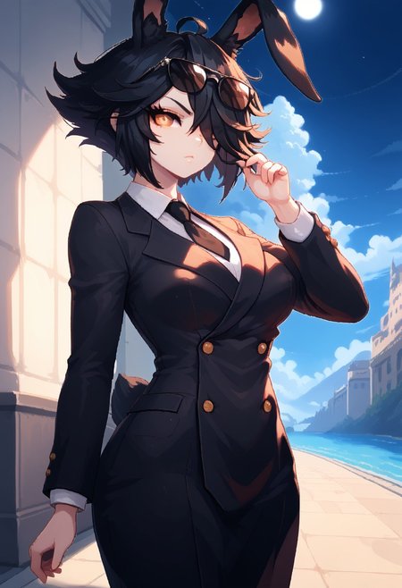 score_9, score_8_up, score_7_up,itzah,
BREAK,rabbit girl,monster girl,dark sclera,(flat breasts),mature woman,serious expression,short black hair,hair over eye,messy hair,(black fluffy rabbit ears:1.3),(pale skin),orange eyes,adjusting tie,rectangular sunglasses,(double-breasted suits),elegant clothes,pocket watch,front angle,mansion scenery,indoors,hallway,(imposing vibes),night time,dynamic lightning,(slender figure)