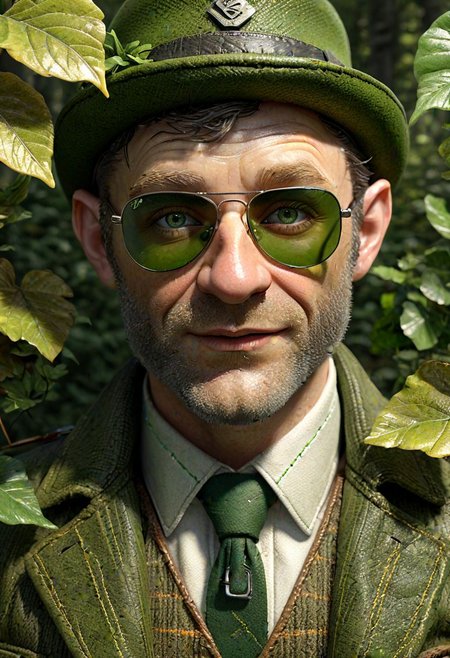 hyperrealistic leprechaun, extreme detail, individual hairs, weathered skin, mischievous expression, piercing green eyes,tweed jacket with intricate stitching, aviator sunglasses, sunlight filtering through leaves, forest background, rich texture