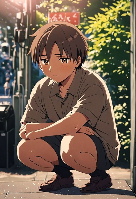 high resolution, solo, best quality, 1Boy, Takaki Toono, Brownish Hair, Brown Eyes, lofi, candid, squat, depth of field, photo model, looking at viewer, OverallDetail
