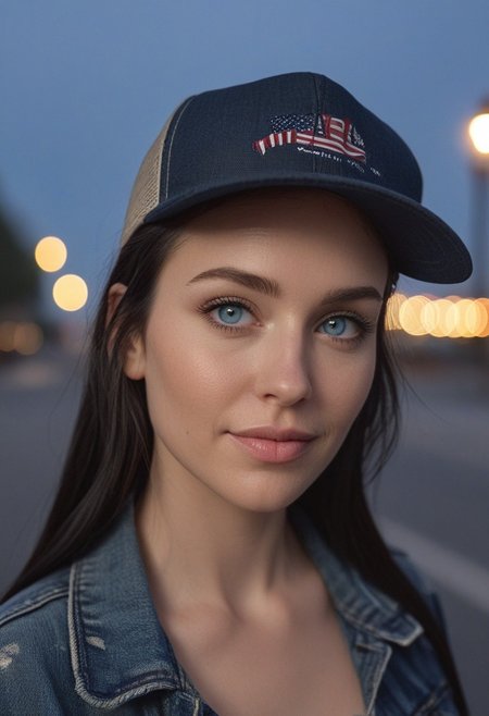 30yo woman holding an American flag.
Blue eyes. perfecteyes 
Wearing Denim jacket trucker hat. 
Long dark black slick back hair. No makeup. Dusk, Street light. Looking at camera POV. Slight smile, tilting head.. Tilt head.
Medium Close Up shot. Bokeh. Bokeh light. semi Blurred background.