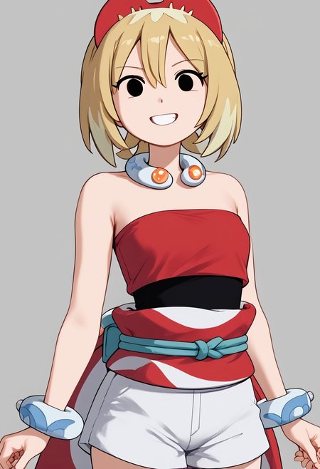 score_4,score_5,score_6,score_7_up,score_8_up,score_9
((masterpiece,best quality,ultra detailed,highres,HD,4k:1.2)),
1girl, solo, girl forcus,solo forcus,
jyuukyuu, flat color, deformed, deformed characters, round face,
((mob face,black eyes, eyes filled with black)),
pokemonirida, blonde hair,  hair between eyes, medium hair,
bracelet, hairband, jewelry, neck ring, red headwear, red shirt, sash, shirt, shorts, strapless, strapless shirt, waist cape, white shorts,
smile,happy smile,Smiling with teeth showing,