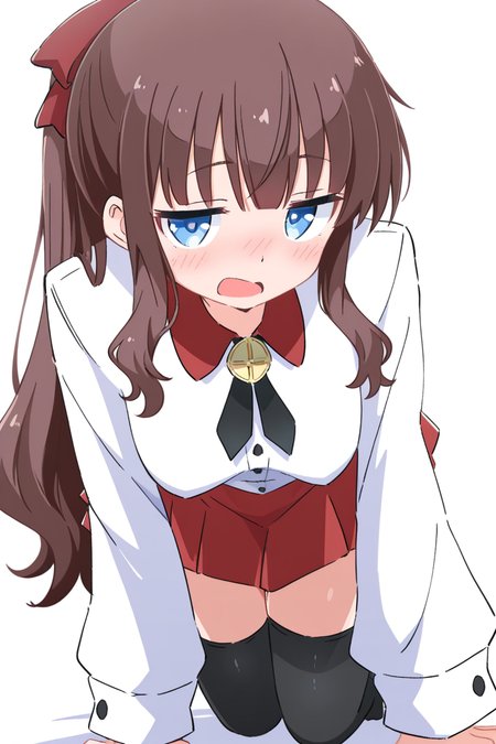 masterpiece, best quality, amazing quality,
 <lora:Cynical_IL:1> cynical, 1girl, solo, thighhighs, skirt, blue eyes, long hair, white background, brown hair, all fours, red skirt, black thighhighs, looking at viewer, shirt, open mouth, bangs, bow, ponytail, white shirt, simple background, blush, pleated skirt, long sleeves, hair bow, breasts, shadow, hifumi