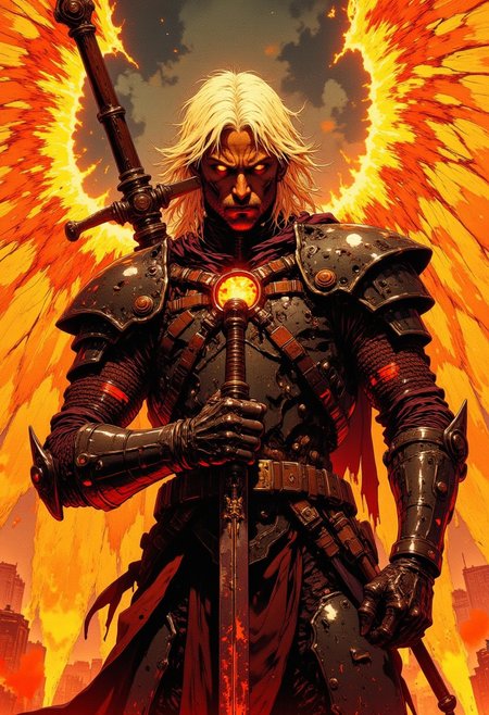 cinematic film still award winning photo .A fallen angel unsheaths his flaming sword to slay his foes. Never again shall gods light illuminate him.Deep depth of field, vignette, highly detailed, high budget, bokeh, cinemascope, moody, epic, gorgeous, film grain, grainy,anime, cyberpunk, Comic book style, CAICO
