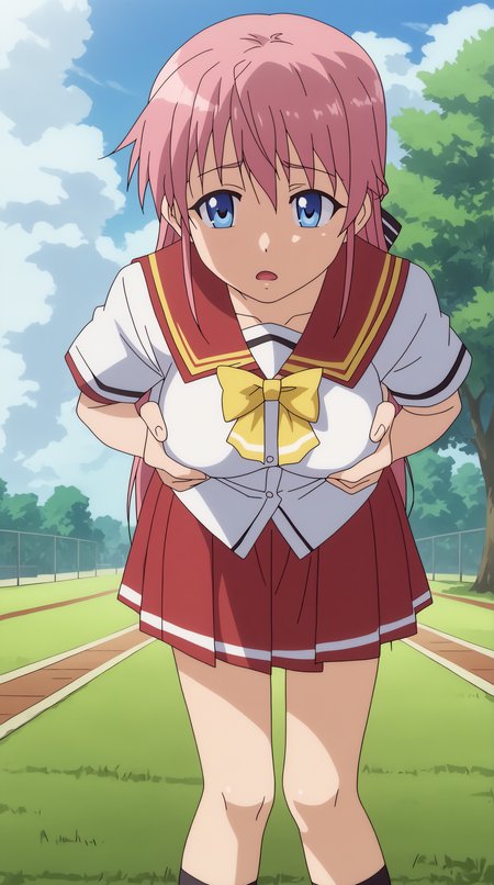 score_9, score_8_up, score_7_up,anime_source, source_anime, best background, detailed background, anime screencap, 4k, upscaled,  Akina Orifushi, solo, skirt, school uniform, outdoors, day, serafuku, bent over, hands on breasts, horny,  <lora:JN_Akina_Orifushi_Pony:0.8>
