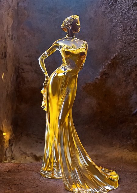 yellow full body glasssculpture of a woman, by james gurney greg rutkowski photo by angelique boissiere art streiber, photorealistic, hyperdetailed, canon eos r 3, cinematic, filmic