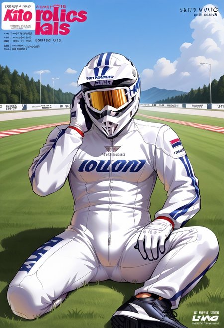 (Aaaild, Aaadjd, manga cover, magazine cover, text) source_anime,  perfect anatomy, perfect proportions, best quality, masterpiece, high_resolution, high quality, solo focus, male focus, male only, bara, gay, homo, mature, masculine, manly, virile, macho, hunky, rugged, beefy, middle-age, daddy, dilf, handsome, alluring, seductive, heroic, serious, grim, stern, unsociability, bluntness, gruffness, BREAK (faceless, eyeless, white dirt bike helmet, looking at viewer, white bodysuit, white racing gloves, Motorsport bodysuit, alpine racing suit, full bodysuit, skin covered, bodysuit, long sleeves, black sneaker), BREAK sitting on grass ground, lying on back, relaxed pose, leaning slightly, one knee bent upward, legs spread, hand supporting head, contemplative expression, horny, kinky, domination, shading, countershading, outdoors, bright atmosphere, racing Motorcycle track background, scenery, asphalt