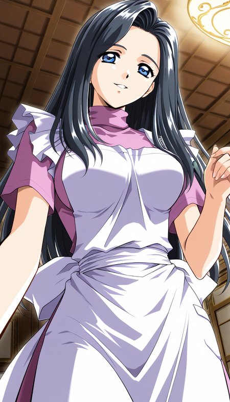 masterpiece, best quality, good quality,  <lora:Nami_Koihime_IS:1>Nami_Koihime, long hair, breasts, black hair, medium breasts,blue eyes, large breasts, 1990s (style), foreheadã
 1girl, white apron, smile, looking at viewer, solo, indoors, foreshortening, 
parted lips, short sleeves, ceiling, from below, fingernails, pink turtleneck, solo focus,