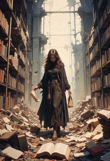 A haunting yet inspiring scene of a mysterious woman wandering through the ruins of an abandoned, partly destroyed library in a post-apocalyptic world. She carefully collects scattered pages and hidden books, preserving knowledge for future generations. Her solemn appearance is framed by crumbling shelves and dust-filled sunlight streaming through shattered windows, creating an atmosphere of silent determination amidst decay.