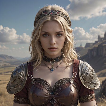 RAW photo, (masterpiece:1.3), subsurface scattering, heavy shadow, (high quality:1.4), (intricate, high detail:1.2), professional photography, HDR, High Dynamic Range, realistic, ultra realistic, photorealistic, high resolution, film photography, ambient lighting, atmospheric effects, <lora:detail_slider_v4:2>, OverallDetail, epic medieval fantasy, a man-at-arms with warm blonde long and messy hair, circlet, fanhe, <lora:FantasyHeaddress:0.6>, studded choker, bracers,  studded belt, in the evening, <lora:zoom_slider_v1:-1.5>,  <lora:cleavage:-1>, in the style of Angus McBride, epiCPhoto