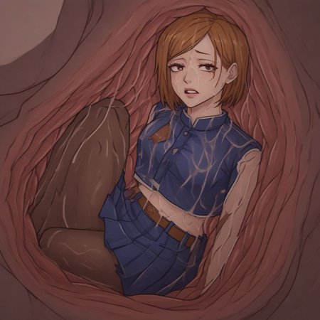 <lora:internal_snake_vore:1>, snake,vore, internal view, digesting, stomach acid, nobara kugisaki, bob cut, brown eyes, brown hair, lips, short hair, belt, brown belt, brown pantyhose, crop top, crop top overhang, jujutsu tech uniform, pantyhose, pleated skirt, shirt tucked in, skirt, blue skirt, blue crop top,