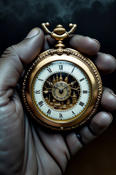Faeothic, A cracked, ornate pocket watch held by a wrinkled, gloved hand, with liver spots, revealing a miniature, eerily frozen moment in time, with tiny, gilded figures moving within the intricately engraved dial, surrounded by subtle, wispy fog.