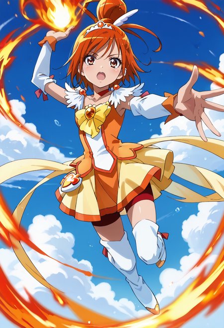 score_9,score_8_up,score_7_up,official art,shiny skin,beautiful hands,1girl,solo,curesunny,
looking_at_viewer,looking up,serious,blush,open mouth,spike,spread_fingers,spread arm,jumping,flying,one_knee,(arm up:1.3),fire ball,holding fire ball,aerial,day,sky,<lora:curesunny.pony:1>,<lora:volleyball-spike-ponyxl-lora-nochekaiser:0.7>,zPDXL3,