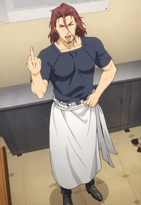safe_pos, safe_pos, score_9, score_8_up, rating_nsfw, ultra hd, absurdres, best quality, ultra quality, masterpiece, masculine, solo, 1boy, male focus, best anatomy, best eyes, detailed eyes, best hands, erotic, gay porn, hand with five fingers, mature male, anime screencap

FoodJoichiro, stubble, facial hair, long hair, red hair, dark blue shirt, waist apron, amber eyes, looking at viewer, full body, open mouth, tongue out, middle finger, showing middle finger, offensive, Expressiveh