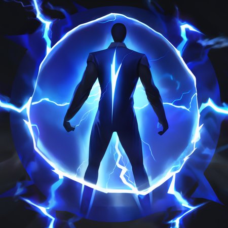 SkillIcon, a man stands at the center of an energy shield composed of blue lightning, with a black background,  <lora:SkillIconloha--000020:0.6>