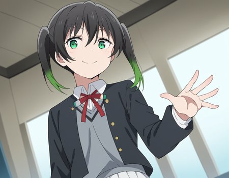 score_9, score_8_up, score_7_up, source_anime, <lora:yuu-takasaki-s2-ponyxl-lora-nochekaiser:1>, yuu takasaki, bangs, black hair, hair between eyes, twintails, green eyes, multicolored hair, green hair, medium hair, two-tone hair, gradient hair,, skirt, long sleeves, school uniform, jacket, red ribbon, black jacket, blazer, nijigasaki academy school uniform, white skirt,, indoors, smile, looking at viewer, solo,, cowboy shot, dutch angle