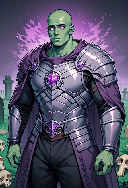 score_9, score_8_up, score_7_up, high quality, massive undead human male, bald, green skin, glowing purple eyes, muscular build, purple gem in chest, (purple cloak), black pants, (bone armor:1.3), dark and menacing, fantasy graveyard background, swirling mist, eerie atmosphere