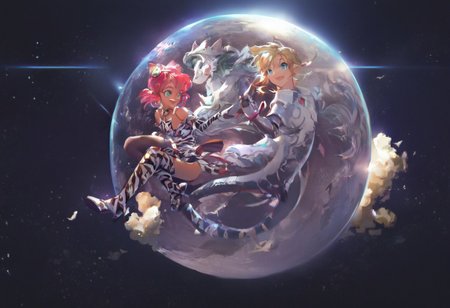 score_9, score_8_up, score_7_up, score_6_up, Masterpiece, source_anime screenshot, duo, 1 girl, 1 boy, vivid colors, high-res, beautiful aesthetic, very intricate, high-quality details, vibrant, highly detailed, award-winning, professional, <lora:pink-ponyxl-v2:1>, <lora:pink-ponyxl-v2:1>, single fang showing, white tiger print full body suit, white cat ears, cat bell necklace, bright pink hair, tanned, white tiger tail, red sash, small breasts, leather shin high boots, detailed eyes, green eyes, detailed face, BREAK score_9, score_8_up, score_7_up, score_6_up, Masterpiece, source_anime, official artstyle, 1 girl, 1 boy, vivid colors, anime style, high-res, beautiful aesthetic, very intricate, high-quality details, vibrant, highly detailed, award-winning, professional, <lora:link:1> link1, link, soft smile, pointy ears, blonde hair, blue eyes, medium hair, side locks, earrings, short ponytail, blue hylian body suit
Break
 In space, black background with lots of stars, pink and link wearing space helmets, wearing space helmets, space helmets on heads, floating in space together, holding hands, in full body suits, swimming