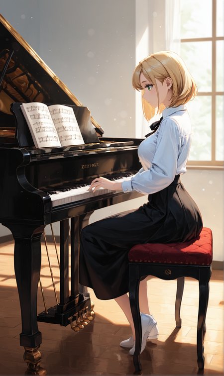 masterpiece, best quality, amazing quality, klskx, full body, side view, 1girl, solo, blonde hair, medium hair, ribbon, detailed eyes, multicolored eyes, green eyes, eyebrows, eyelashes, white blouse, black skirt, indoors, sitting at grand piano, softly lit room, wooden floor, open sheet music, sunlight streaming through tall windows, intricate details, (dynamic pose:0.7), (blurry background, depth of field, bokeh:0.9) <lora:klskx_wai:0.7000000000000001> <lora:spo_sdxl_10ep_4k-data_lora_webui:2.0>