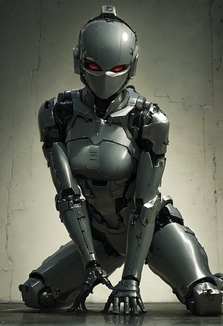 1girl, half_woman, half_mechanoid, half_robotic, photorealistic, analog photo,  metallic textures, human textures, reflective surfaces, high-contrast shadows, deep blacks,low-key lighting, dramatic pose, sharp focus on her face, eerie atmosphere,