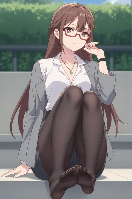 (grey jacket white shirt pencil skirt black pantyhose foot worship:1.30), gg-miranda, necklace, brown hair, brown eyes, red glasses, medium breasts, 1girl, solo, skinny, score_9, score_8_up, score_8, score_7_up, score_7, score_6_up, score_6, score_5_up, score_5, source_anime, lewd, outdoors, (:1.20), (:1.20), , <lora:gg-miranda-V01-000003:0.80>
