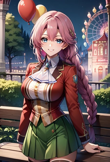 score_9, score_8_up, score_7_up, highres, (best quality:1.1), masterpiece, absurdes, 1girl, solo, long hair, looking at viewer, smile, standing, outdoors, night, bench, balloon, lamppost, ferris wheel,  emmathors, ascot, blue eyes, braided ponytail, breasts, loafers, long hair, pink hair, pleated skirt, red jacket, single braid, thighhighs, white shirt, large breasts, <lora:emma-rebake3:0.9>, green skirt, (upper body:1.2)
