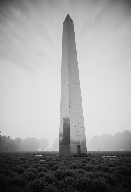 ajchrobo, a monochrome Photography of a shiny metallic Finish and high reflective towering Obelisk amidst a morning meadow