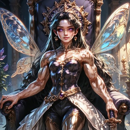 Action scene, detailed, photo realistic, hyper realistic, score_9, rating_safe, solo ((arch fey, violet eyes, (beautiful woman, white underbust corset, skirt, pants, sword belt, and holding a sword), ((bronze metallic gold skin ral-polishedsteel)), ((huge muscles, muscular shoulders, muscular thighs, muscular biceps, small petite breasts)), (fairy wings), (long black hair))), (standing next to a multicolored crystal throne, in a detailed throne room filled with treasures, detailed lighting), hi res, hi quality, 4k, concept art, digital art, realistic, detailed background, lens flare, pixel art, piratical beauty, great lighting