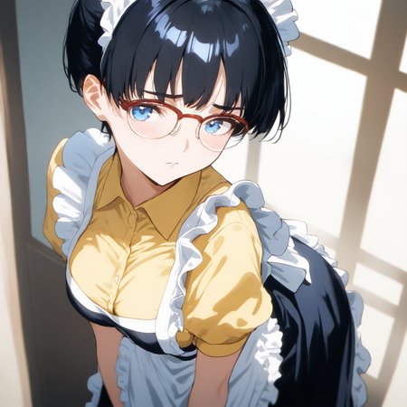cowboy_shot,masterpiece,high score,great score,absurdres,<lora:Arisu_Kurata ag4o v1:1> arisu, black hair, short hair, glasses, blue eyes,maid,yellow shirt,
