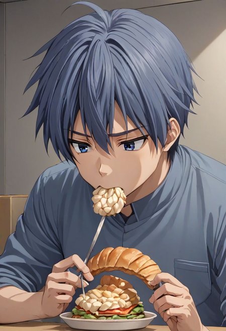 high resolution, solo, best quality, 1Boy, Tomoya Okazaki, Grey Blue Hair, Eating Dango, OverallDetail