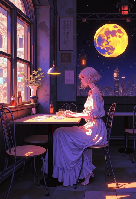 anime style, lunnar attraction, skies are purple yellow and black smeared, character,((moody, serene, enchanting)), A young woman sits alone at a small, rustic cafe table by the window, her gaze soft and contemplative. She wears an elegant, flowing dress that drapes beautifully around her, the delicate fabric catching the warm glow of soft cafe lighting. The empty tables around her create a peaceful solitude, with dimly lit vintage decor and wooden textures adding to the scene’s charm. Light streams in gently from the large window beside her, casting a delicate, natural glow that highlights her gentle features and graceful posture