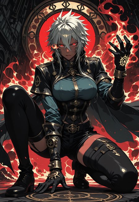 highres, highly detailed, amazing quality, masterpiece, golden order, 
dynamic pose, dynamic angle, closeup, (on one knee, channeling spell), 
(tier_harribel), face, eyes, serious, 
steampunk, shorts, thighhighs, corset, cape, capelet, gloves, 
fiery aura, hell, occult, otherworldly mist, 
red theme, colorized monochrome, glowing eyes, red eyes,
