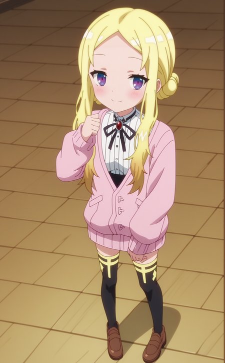score_9, score_8_up, score_7_up, source_anime, very aesthetic, anime screencap, anime coloring, rating explicit,
1girl, solo, rufuria_(rpg_fudousan), dailyclothes, purple eyes, blonde hair, long hair, parted bangs, double bun, sidelocks, long sleeves, cardigan, shirt, thighhighs, neck ribbon, smile, full body, looking at viewer, 
 <lora:Rufuria_RPG_Fudousan_-_SDXL_LoRa_Pony_and_AnimegineXL:1>