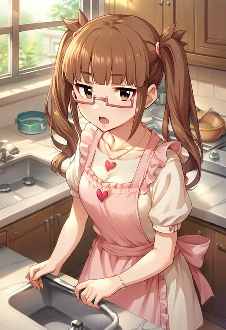 score_9, score_8_up, score_7_up, source_anime,ikebukuro akiha, brown hair, brown eyes, twintails long hair, semi-rimless eyewear, pink-framed eyewear, 1girl, solo, apron, kitchen, necklace, jewelry, open mouth, sink, indoors, looking at viewer, heart necklace