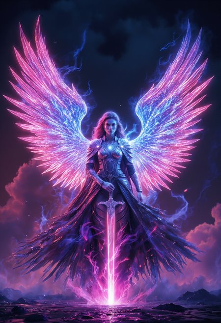 neonpunk style cinematic film still close up portrait of A powerful, beautiful Asgardian warrior woman poses dynamically tall with glowing, ethereal wings arching from her back. The wings are large and feathered, radiating a mesmerizing glow that shifts from vibrant pink at the base to a soft blue at the edges, as if woven from pure energy. Each feather appears semi-transparent, catching and reflecting light with a crystalline effect, casting a magical aura around her. Her wings pulse gently with a mystical light, accentuating her fierce, otherworldly presence. Dressed in ornate, silver and purple Asgardian armor with intricate engravings, she holds a mighty prismatic sword, against a dramatic, darkened landscape under a stormy sky, illuminated by flashes of lightning. The overall scene is majestic, with an aura of ancient power and celestial beauty
<lora:zavy-spctrlglw-fxl:0.7> zavy-spctrlglw, luminescent, spectral glow, iridescent, ethereal velvet_myst  <lora:aidmaGLOWV4wc:0.5> aidmaglow <lora:flux.1_lora_flyway_Epic-detail_v2:0.5>  <lora:aura_v2_beta2:0.6> auralora . shallow depth of field, vignette, highly detailed, high budget, bokeh, cinemascope, moody, epic, gorgeous, film grain, grainy . cyberpunk, vaporwave, neon, vibes, vibrant, stunningly beautiful, crisp, detailed, sleek, ultramodern, magenta highlights, dark purple shadows, high contrast, cinematic, ultra detailed, intricate, professional