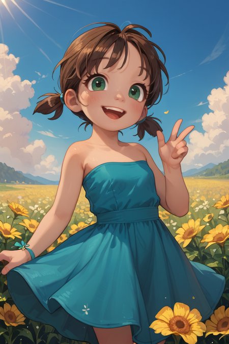 score_9,score_8_up,score_7_up,
1girl, solo, possmach, female child, happy, brown hair in short twintails, green eyes, strapless blue dress, flowers, sunshine, blue sky,
<lora:princess_xl_v2:1> 
<lora:PossumMachine_v2:1>