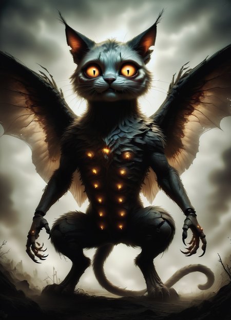 DonMGl00myN1gh7m4r3XL,score_9, score_8_up, score_7_up, score_6_up, compact glowing markings tendrilous futuristic feline sentient being, multipedal decamanual, clawed appendages, quadrifurcated-tailed, bushy-tailed, fur,    griffin wings, , ,  creepy, gloomy, rating_safe <lora:DonMGl00myN1gh7m4r3XL:0.65>