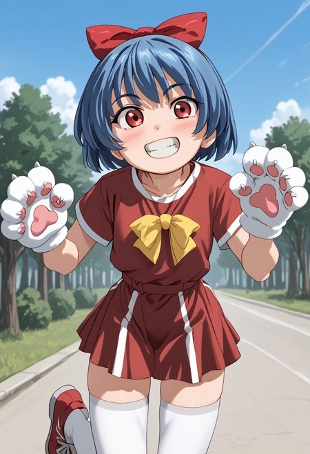 score_4,score_5,score_6,score_7_up,score_8_up,score_9 ((masterpiece,best quality,ultra detailed,highres,HD,4k:1.2)),
1girl,solo,girl forcus,solo forcus,
 upper body, blue hair,short hair,hair bow,hairband,red eyes, clothed ribbon,red shirt,red skirt,thighhighs,white thighhighs,red shoes,animal hands,paw gloves,zettai ryouiki, smile,blush,paw pose,grin,teeth, outdoors,