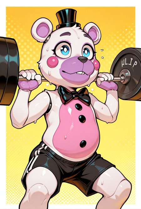 <lora:helpi-10:1> helpi, solo, top hat, bowtie, animal ears, mini hat, furry, pink belly.  teddy, animatronic, robot, toy <lora:Barbell_Squat:1> barbell squat, sweat, shorts, masterpiece, best quality, amazing quality, very aesthetic, absurdres, newest,, upper body, halftone effect, white borders, abstract background:1.2,