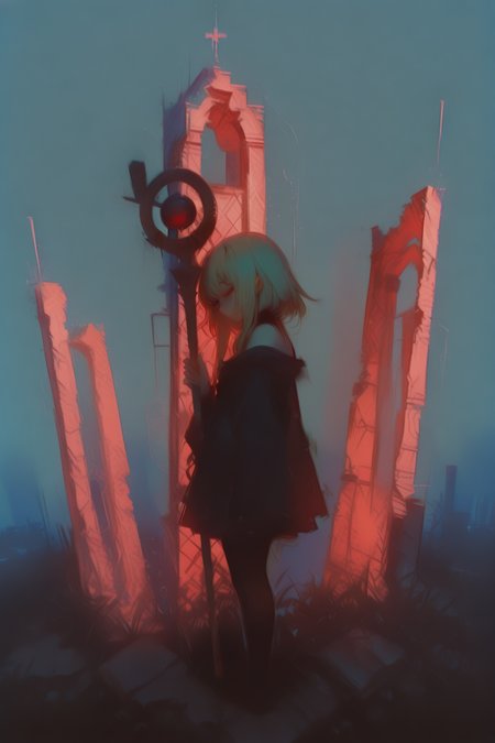 masterpiece, best quality, very aesthetic, dynamic composition, sketch, traditional media, abstract, abstract background, painting \(medium\), no lineart, kuma_(kancolle),delicate smile,Standing, 1girl, megumin, holding_staff, ruins, solo, chromatic aberration, building, outdoors, standing, post-apocalypse, facing away, pantyhose, city,