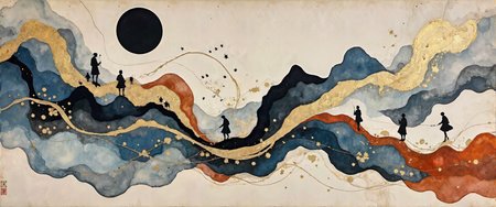 Suminagashi moods on washi paper â surreal floating world between dream and reality. Traditional Japanese marbling technique with indigo, vermilion, and charcoal ink droplets spreading across water surface, captured on handmade mulberry paper. Abstract patterns resembling nocturnal river currents and celestial bodies. Subtle integration of ukiyo-e-inspired silhouettes â mountain pilgrims, temple bells, and fireflies â partially dissolving into swirling pigments. Ephemeral beauty of chance patterns reflecting yugen aesthetic â profound mysterious grace beyond immediate perception. Accents of gold leaf catching light along ink boundaries where colors blend. The composition balances chaotic natural forces with meditative stillness, embodying the Buddhist concept of mushin (empty mind). Meticulous craftsmanship with visible paper texture and subtle patina suggesting aged artwork. <lora:flux_hyperkraximalism-balanced:0.2> <lora:sxz-Dark-Fantasy-v2-Flux:0.2> <lora:Illustration concept V1:0.7> <lora:Chris_Luka:0.7> <lora:flux_dev:1>
