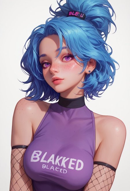 score_9,score_8_up,score_7_up, 1girl, 24yo, blue hair Gradient purple , medium hair, messy updo, purple eyes, freckles. Sleeveless, , fishnets, medium round breast, perky breast, deep cleavage, full breast tattoo, neck tattoo, purple top, BLACKED brand on top, high quality, zPDXL3, smudgy, liu2, kyuyongeom