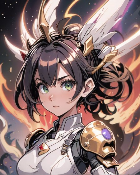 comic style, Mechanical 1girl, natural colored eyes, Elaborate updo hairstyle, dynamic pose, determined expression, <lora:EnvyDramaticPortraitXL02:0.7> , BREAK (style-swirlmagic:0.9), portrait, looking away, solo, from front, front view, (full body:0.6), detailed background, close up, shining (<lora:CelestialPunkAI:0.6> celestialpunkai,  st3llar, theme:1.1), divine deity of war, stoic expression, simple iron circlet, fiery eyes, flames in background, <lora:xl-shanbailing-1003fire-000010:0.2> armor, majestic divine atmosphere, bright light, holy aura, bloom,  divine light, white clothes,