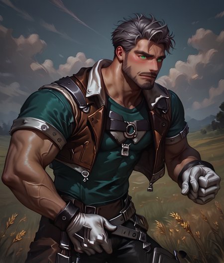 score_9, score_8_up, realistic, rating_questionable, bif, field of wheat, zip-up hoodie, honey hair, short hair, dusk, Medium shot
<lora:COTMNG01:1>, natgra, steel greaves, brown skirt, black pants, green shirt, leather vest, silver belts, white gloves, silver hair
glossy skin, muscular male, handsome, short hair, beard, upper body, face focus,
<lora:egg_leonard-04:.4><lora:style_Concept Art DarkSide Style LoRA_Pony XL v6:1>