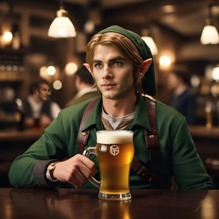 cinematic photo a man is link and having a beer in a pub <lora:Link1024:0.8> . 35mm photograph, film, bokeh, professional, 4k, highly detailed