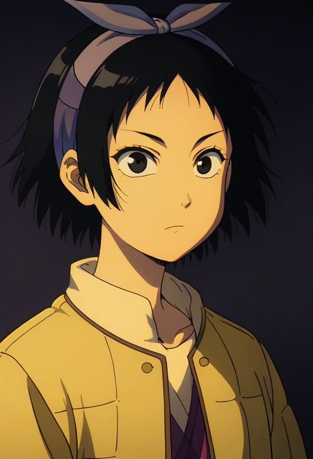 Totori, short hair, black hair, black eyes, yellow jacket, purple hairband, <lora:HeavenlyDelusion:1>,