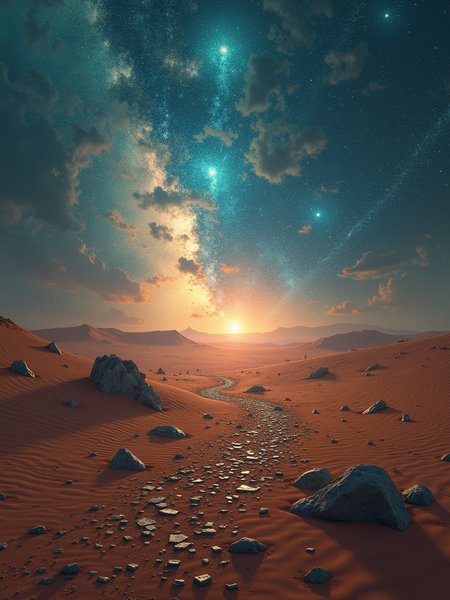 An endless desert with strange lights flashing in the sky and broken code and flickering data fragments on the ground, as if the whole world is on the verge of collapse.