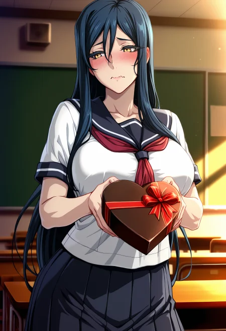 best quality, masterpiece, anime_screencap, hi res, best_quality, very aesthetic, absurdres, 8k, Vsfjy, 1girl, hair between eyes, yellow_eyes, long_eyelashes, blue_hair,
glamorous, slender, voluptuous,
large breasts, lipstick,
embarrassed, wavy_mouth, 
school_uniform, serafuku, skirt, ribbon, presenting, chocolate, valentine, valentine's_day, happy_valentine, fantasy, beautiful lighting, ray traced, dim lighting, indoors, school, classroom