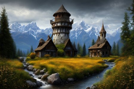 realistic analog photo, award winning photo, 
fantfa, background, mountain, stream, trees, foreground, field, house, farm, witow, a wizard watch tower,
high-quality, crisp, sharp, professional-grade, high-resolution, fine detail, accurate colors, low noise, fast shutter speed, wide dynamic range, precise focus, RAW, highres, 8k, uhd, High Dynamic Range, tonemapping, crisp details,
