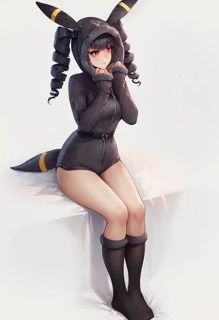 score_9, score_8_up, score_7_up, score_6_up, score_5_up, score_4_up, 1girl,  celestia ludenberg, long hair, bangs, black hair, red eyes, long sleeves, twintails, drill hair, twin drills, curvy, source_anime, ears, hood up, onesie, tail, knee high socks,  umbr30n, <lora:umbr30nXLP:0.6> full body, bedroom background, sitting on bed