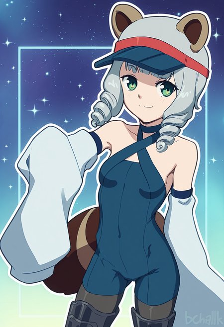 KaguyaSamaStyle, <lora:Kaguya_Sama_IL:0.8>,
art by butterchalk, <lora:_butterchalk_NAIXL-000025:0.8>,
<dasiwa-ill-void-droid-style-2964-52:0.6>, dasiwavodr,
1girl, starry background, raccoon ears, raccoon tail, green eyes, short hair, grey hair, drill sidelocks,visor cap,translucence, criss-cross halter, armored boots, sideboob, sleeves past fingers,volumetric lights